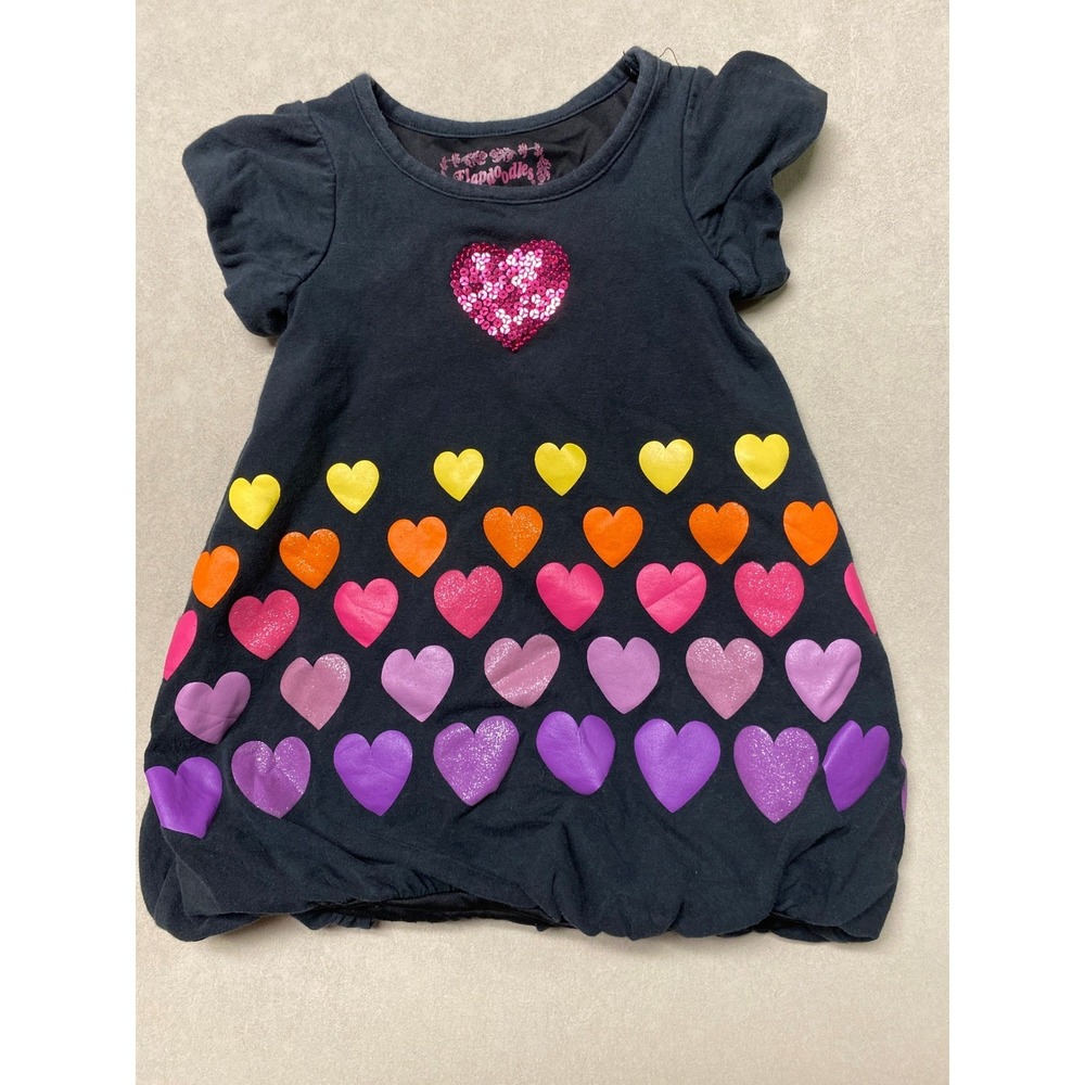 Flapdoodles Girls Black Rainbow Heart Sequin Bubble Dress Size 4T Short Sleeve
